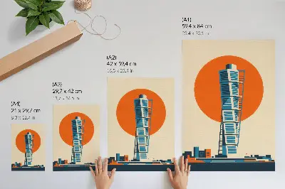 Plakatas oranžinė saulė ir modernus dangoraižis su geometrinėmis formomis