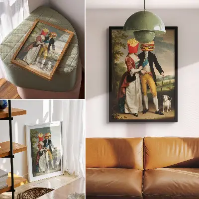Dekoratyvinis plakatas siurrealistinė scena su humoru kepant mėsainius
