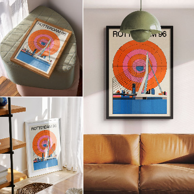 Plakatas svetainei Tiltas ir miestas geometriniuose raštuose