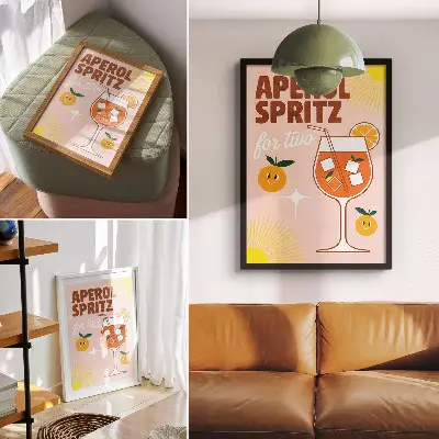 Sieninis plakatas oranžinės ir geltonos spalvos besišypsančių vaisių užrašas