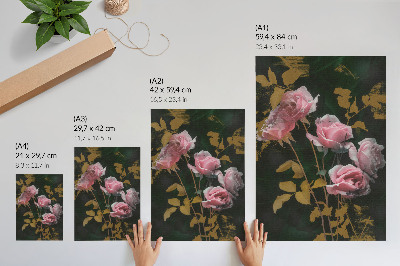 Plakatas Rožinės rožės, žali lapai, auksiniai akcentai, elegancija