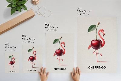 Plakatas Rožinis ir raudonas flamingas su vyšnia - fantazijos kompozicija
