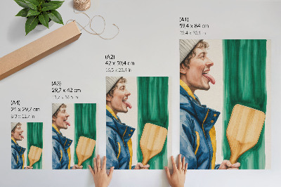 Plakatas svetainei Energingas vyras su medine rakete
