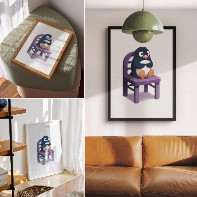 Plakatas Violetinis pingvinas ant kėdės Džiaugsmo minimalizmas