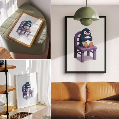 Plakatas violetinis pingvinas ant kėdės džiaugsmo minimalizmo stiliumi