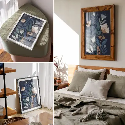 Plakatas svetainei mėlyni lapai, kreminės spalvos žiedai ir rudi akcentai
