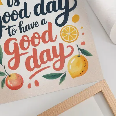 Plakatas su spalvingomis modernaus stiliaus citrusinių vaisių raidėmis