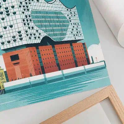 Dekoratyvinis plakatas moderni architektūra mėlynos ir debesų spalvos