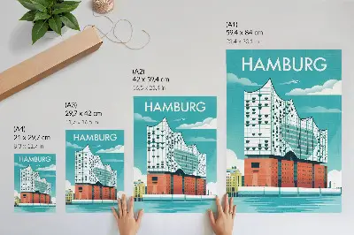 Dekoratyvinis plakatas moderni architektūra mėlynos ir debesų spalvos