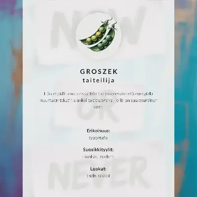 Dekoratyvinis plakatas dinamiški kontrastai, stipri tipografija, turkio ir violetinės spalvos