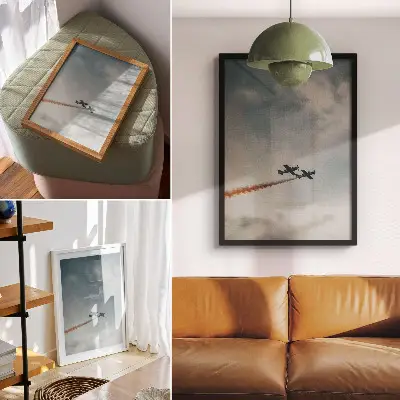 Sieninis plakatas du lėktuvai danguje minimalizmo stiliumi