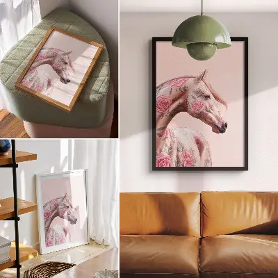 Sieninis plakatas arklys su gėlėmis romantiškos elegancijos stiliaus