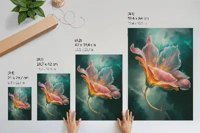 Sieninis plakatas spalvingas siurrealistinis gėlių motyvas turkio spalvos fone