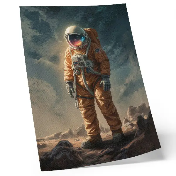 Dekoratyvinis plakatas astronautas svetimoje planetoje naktiniame danguje