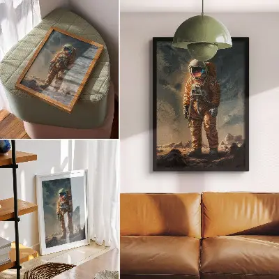 Dekoratyvinis plakatas astronautas svetimoje planetoje naktiniame danguje
