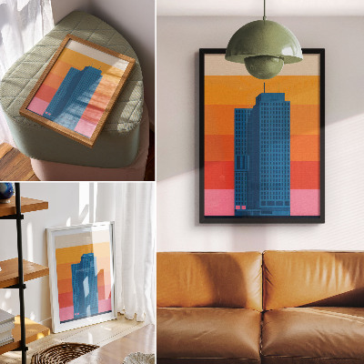 Sieninis plakatas Modernus pastatas oranžinis ir rožinis fonas