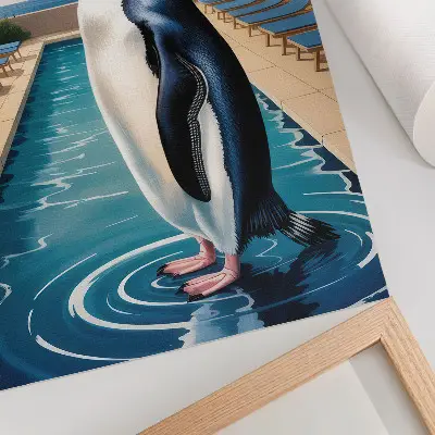 Sieninis plakatas su pingvinų baseinu, palmėmis ir jūros poilsio vaizdu