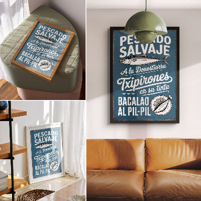Plakatas svetainei Retro žuvies motyvas ir užrašai mėlyname fone