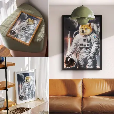 Plakatas šuo su kostiumu, kosmine raketa ir mėnulio apranga