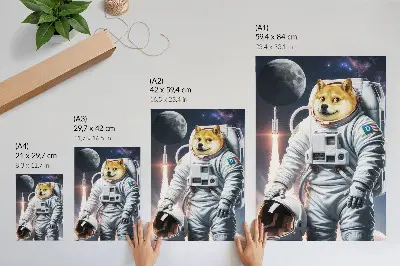 Plakatas šuo su kostiumu, kosmine raketa ir mėnulio apranga