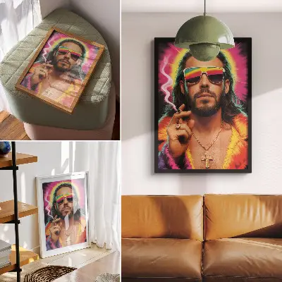 Dekoratyvinis plakatas intensyvių spalvų su kontrastingais retro raštais