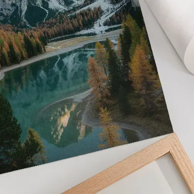 Plakatas kalnai, miškas, ežeras bei spalvingi medžių atspindžiai