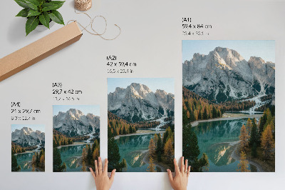 Plakatas Kalnai, miškas, ežeras, atspindžiai, spalvingi medžiai