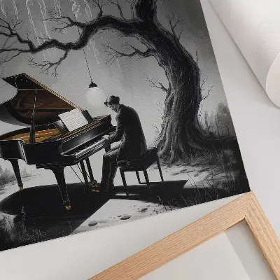 Sieninis plakatas prislopintų spalvų vaiduokliai, pianinas ir mėnulis