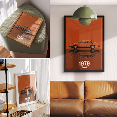 Dekoratyvinis plakatas Retro automobilis oranžiniame vintažinio stiliaus veidrodyje