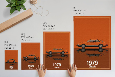 Dekoratyvinis plakatas Retro automobilis oranžiniame vintažinio stiliaus veidrodyje