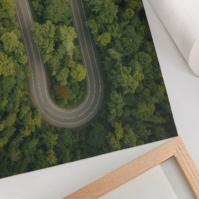Plakatas svetainei Siauras, vingiuotas kelias per žalią mišką