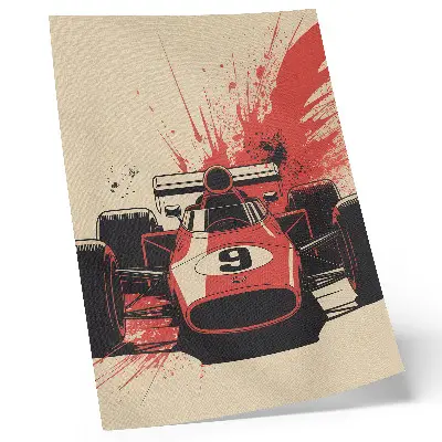 Sieninis plakatas raudonas ir juodas lenktyninis automobilis judesyje