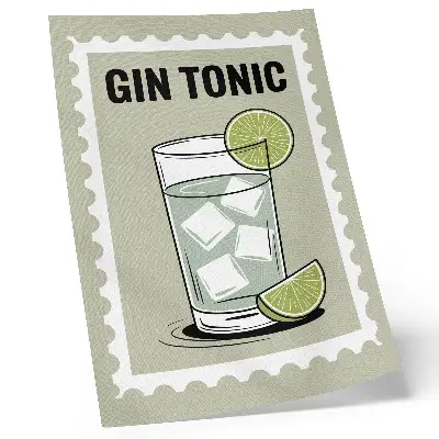 Plakatas su užrašu GIN TONIC žaliais ir baltais elementais