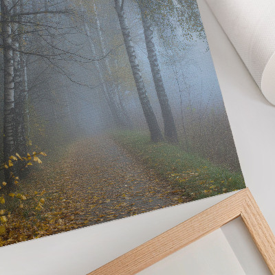 Plakatas svetainei Rūkotas rudens miškas beržų geltoni lapai