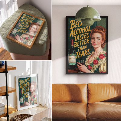 Sieninis plakatas Retro elegantiška moteris su vynu ir užrašu