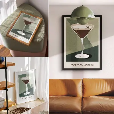 Sieninis plakatas modernaus stiliaus martini dizainas žalios, smėlio ir baltos spalvų