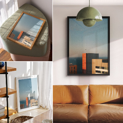 Plakatas svetainei Modernumas, jūra, pastatai, paukštis, platybė, dangus