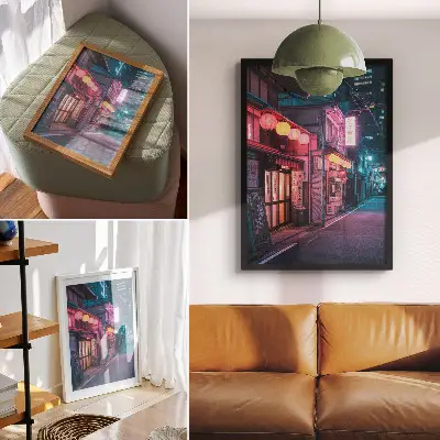 Sieninis plakatas neoninių žibintų apšviesta naktinė miesto gatvė