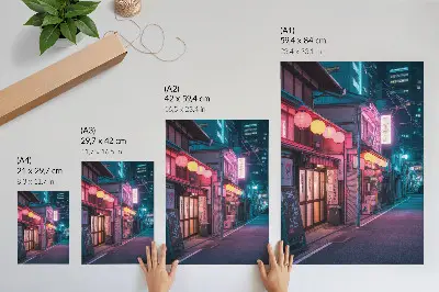 Sieninis plakatas neoninių žibintų apšviesta naktinė miesto gatvė