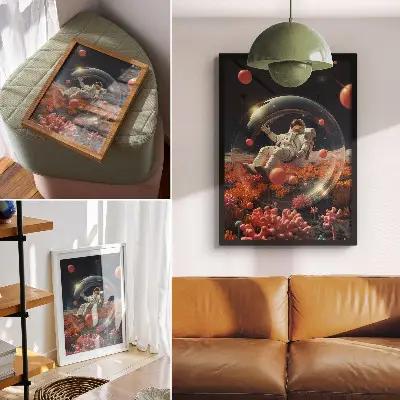 Sieninis plakatas astronautas erdvėje su spalvingais augalais