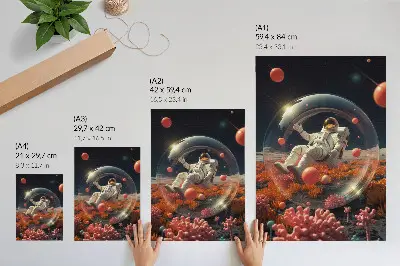 Sieninis plakatas astronautas erdvėje su spalvingais augalais