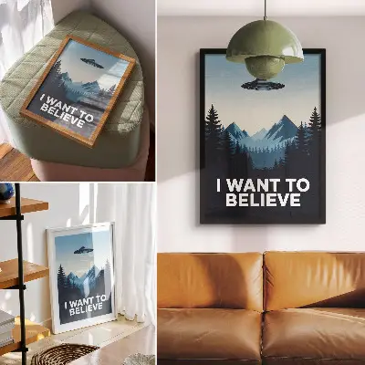 Plakatas paslaptingi kalnai miške moderniu stiliumi
