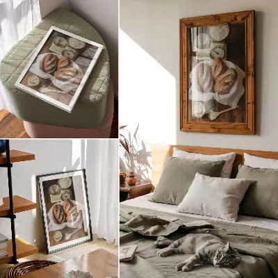 Plakatas duonos krepšelis su miltais ant medinio paviršiaus