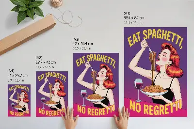 Dekoratyvinis plakatas spalvinga moteris, valganti spagečius su vynu
