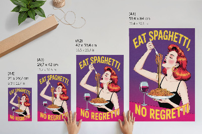 Dekoratyvinis plakatas Spalvinga moteris valgo spagečius su vynu