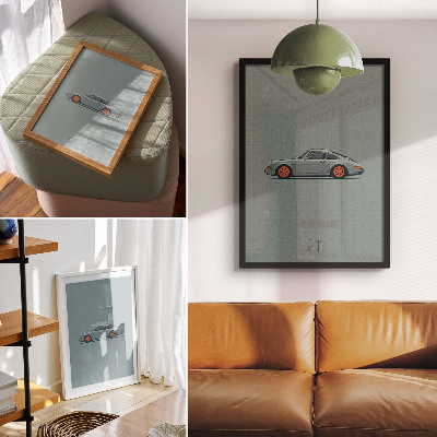 Plakatas Klasikinio automobilio oranžiniai ratlankiai pilkame fone