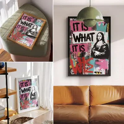 Sieninis plakatas energingas grafiti su klasikinės piktogramos ir teksto kontrastu