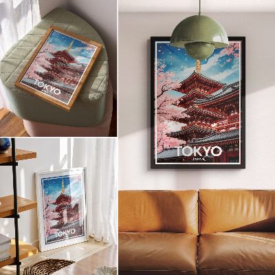 Sieninis plakatas Pagodos architektūra Rožinių gėlių harmonija