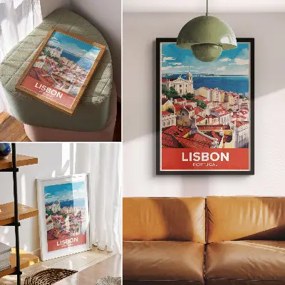 Plakatas miesto panorama šiltomis spalvomis ir ramiu atmosferos pojūčiu