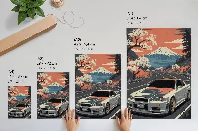 Plakatas su sportinių automobilių dinamiška scena kalnuose